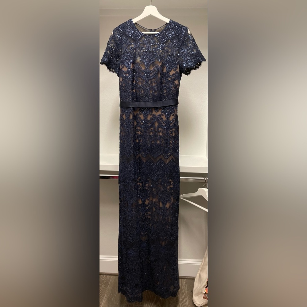 Tadashi Shoji Illusion Crew Neck Short
Sleeve Ribbon Waist Sequin Lace